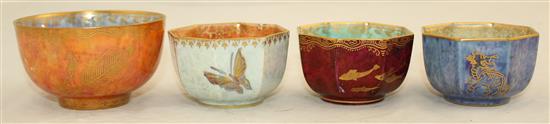 Three Wedgwood lustre octagonal tea bowls and a similar circular tea bowl, 1920-30s, 6.5cm and 8.5cm, butterfly bowl repaired